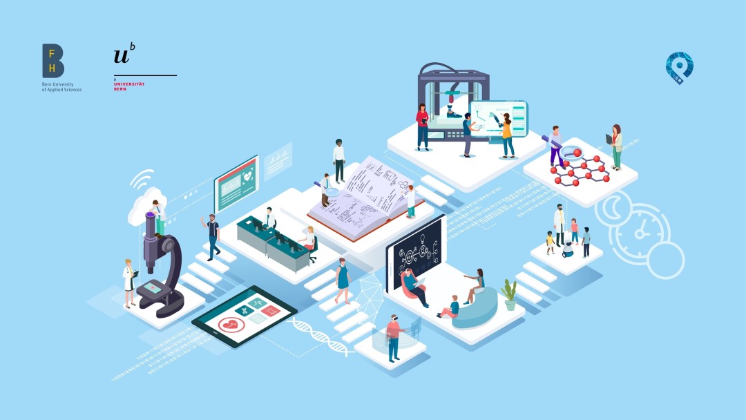 Graphic Illustration of various people working in an abstract laboratory on a light blue background.