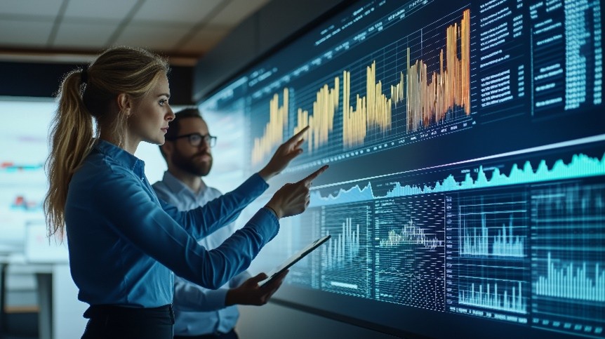 Two people standing in front of a huge screen with data visualisation